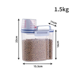 1.5Kg/2Kg Dog Cat Food Pail Plastic Storage Tank with Measuring Cup Container Moisture-Proof Sealed Jar Pet Supplies Accessories