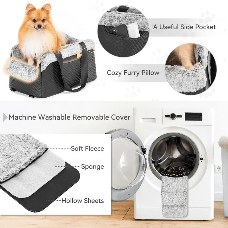 [5-Year Warranty] PETSFIT Center Console Dog Car Seat, Portable Pet Car Seat with Safe Protective Hooks, Luxury Dog Car Seats for Small Dogs Includes Safety Leash and Storage Pocket for Pets up to 9 Lbs (Black)