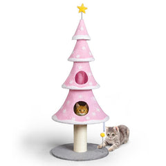 Rebuyhome 59In Large Tall Christmas Tree Cat Tower with 2 Cat Condos & Scratching Post, Soft Fleece Cat Tree with Teaser Toy & Sturdy Base & Built-In Openings for Indoor Cats, Green & White, Green, Pink