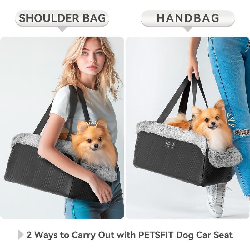 [5-Year Warranty] PETSFIT Center Console Dog Car Seat, Portable Pet Car Seat with Safe Protective Hooks, Luxury Dog Car Seats for Small Dogs Includes Safety Leash and Storage Pocket for Pets up to 9 Lbs (Black)