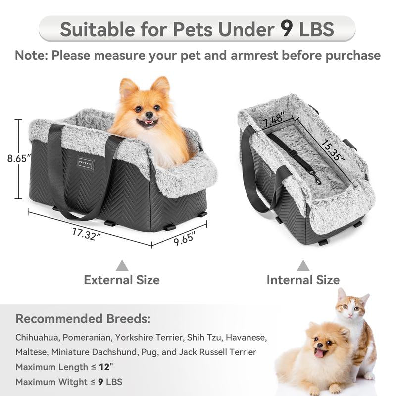 [5-Year Warranty] PETSFIT Center Console Dog Car Seat, Portable Pet Car Seat with Safe Protective Hooks, Luxury Dog Car Seats for Small Dogs Includes Safety Leash and Storage Pocket for Pets up to 9 Lbs (Black)