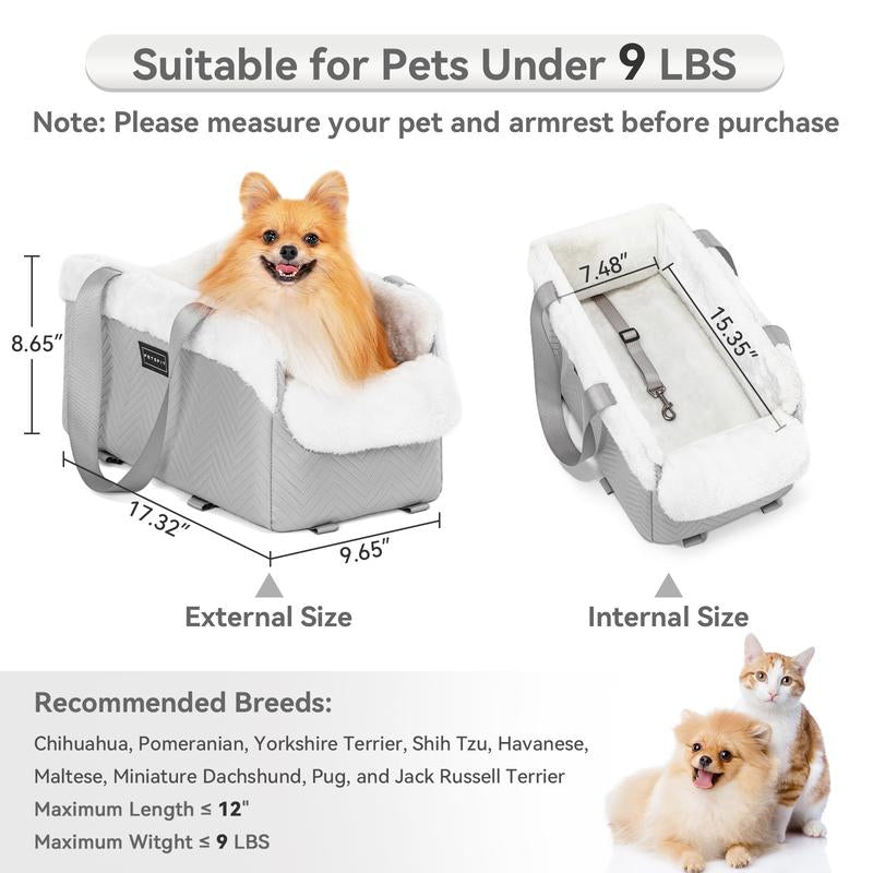 [5-Year Warranty] PETSFIT Center Console Dog Car Seat, Portable Pet Car Seat with Safe Protective Hooks, Luxury Dog Car Seats for Small Dogs Includes Safety Leash and Storage Pocket for Pets up to 9 Lbs (Black)