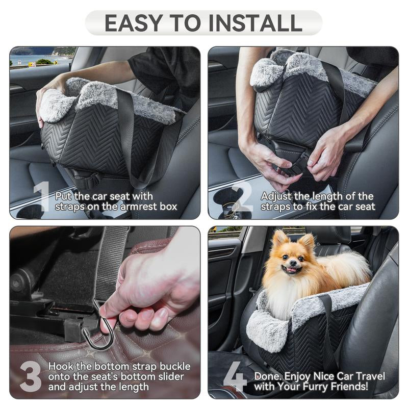 [5-Year Warranty] PETSFIT Center Console Dog Car Seat, Portable Pet Car Seat with Safe Protective Hooks, Luxury Dog Car Seats for Small Dogs Includes Safety Leash and Storage Pocket for Pets up to 9 Lbs (Black)