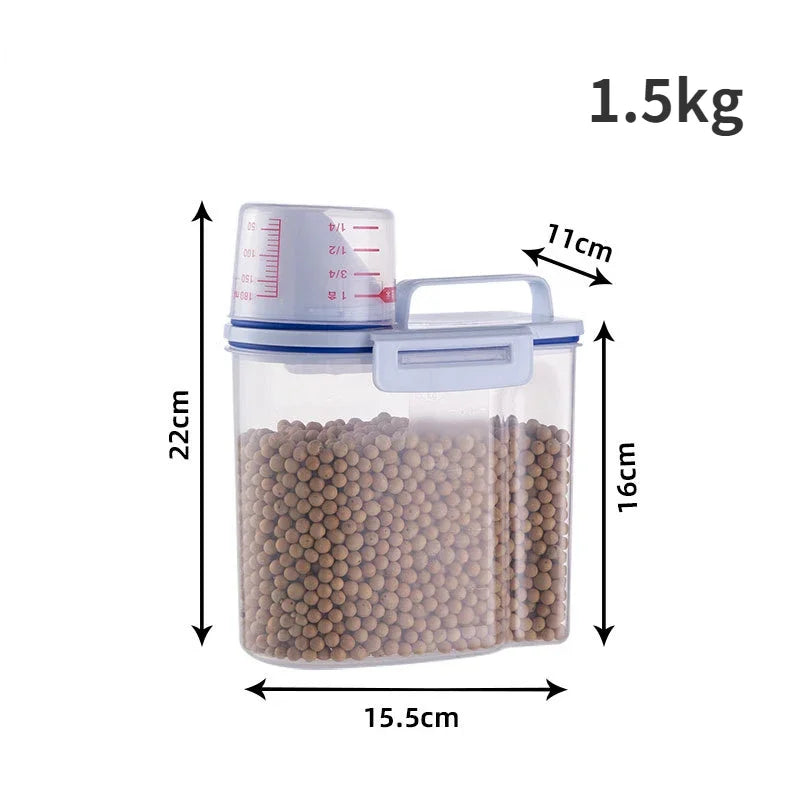 1.5Kg/2Kg Dog Cat Food Pail Plastic Storage Tank with Measuring Cup Container Moisture-Proof Sealed Jar Pet Supplies Accessories