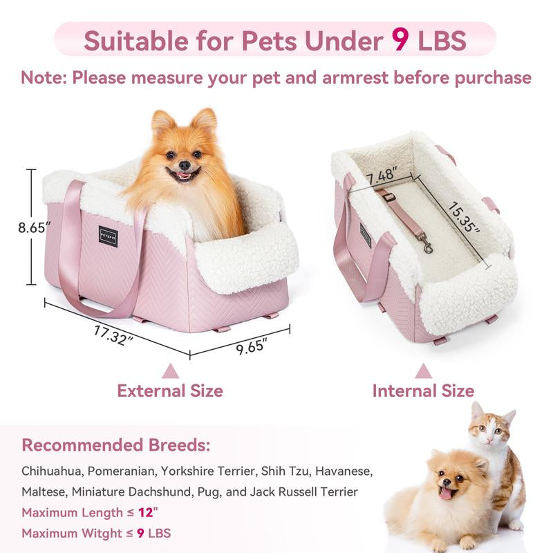 [5-Year Warranty] PETSFIT Center Console Dog Car Seat, Portable Pet Car Seat with Safe Protective Hooks, Luxury Dog Car Seats for Small Dogs Includes Safety Leash and Storage Pocket for Pets up to 9 Lbs (Black)